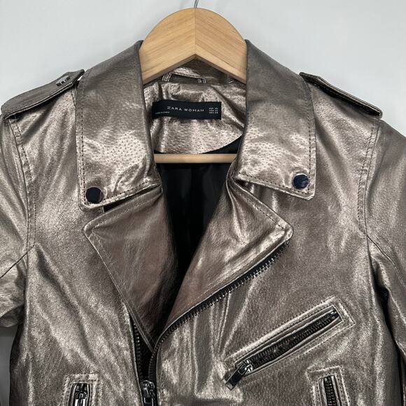 ZARA Genuine Leather Jacket Silver Metallic Belted Moto Biker Jacket - Picture 7 of 16